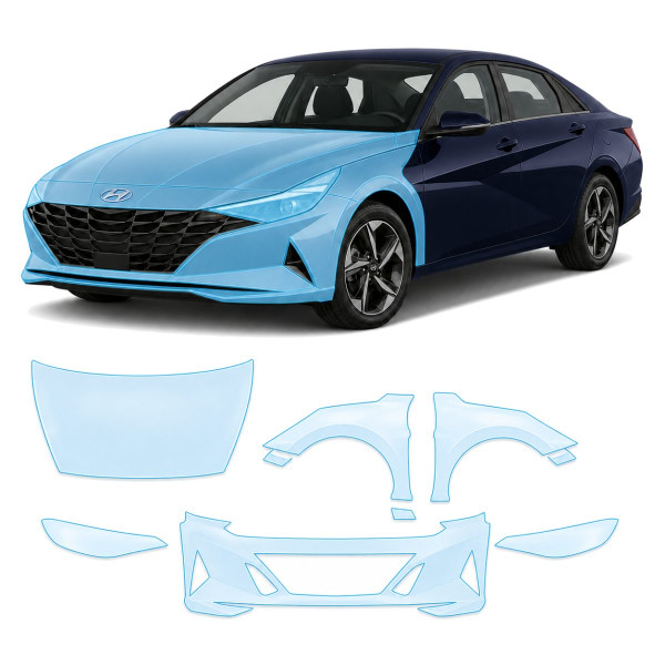 Антигравийная защитная бронепленка по лекалам для Hyundai Elantra CN7 2020-2023 - передняя часть авто (капот бампер фары крылья)