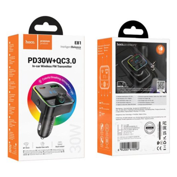 Автомобильный FM модулятор (трансмиттер) Hoco E81 PD30W + QC3.0 с Быстрой зарядкой