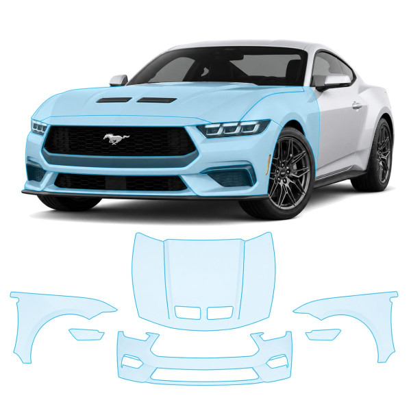 Антигравийная защитная бронепленка по лекалам для Ford Mustang S650 2024- передняя часть авто (капот бампер фары крылья)