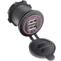 Гнездо под штекер прикуривателя врезное с крышкой 2 USB DC 12-24V 5V 2,1-1A подсветка Красная (SF-50-2)