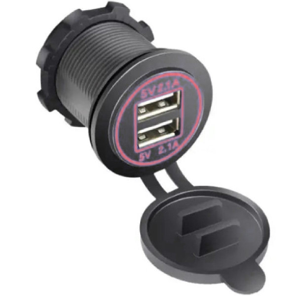 Гнездо под штекер прикуривателя врезное с крышкой 2 USB DC 12-24V 5V 2,1-1A подсветка Красная (SF-50-2)