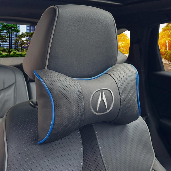 Подушка на підголівник з логотипом Acura Екошкіра 3D Кольоровий лого Чорна-Синій кант 1 шт