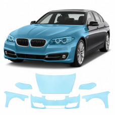 Антигравийная защитная бронепленка по лекалам для BMW 5 Series F10 facelift 2013-2017 - передняя часть авто (капот бампер фары крылья)