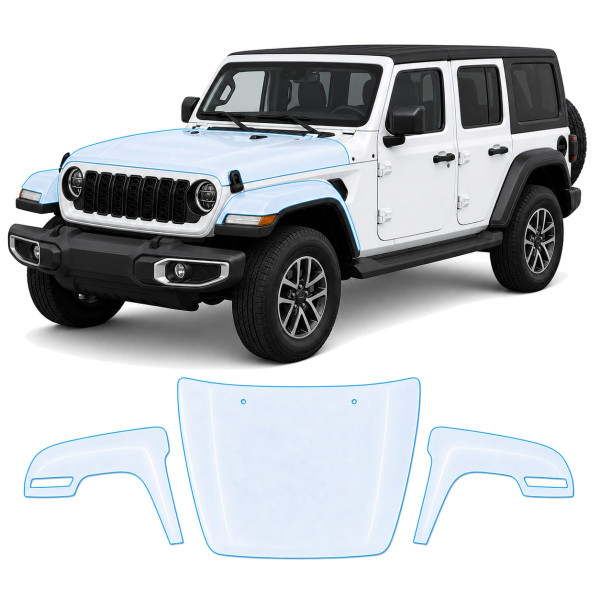 Антигравийная защитная бронепленка по лекалам для Jeep Wrangler JL facelift 2024- капот и передние крылья