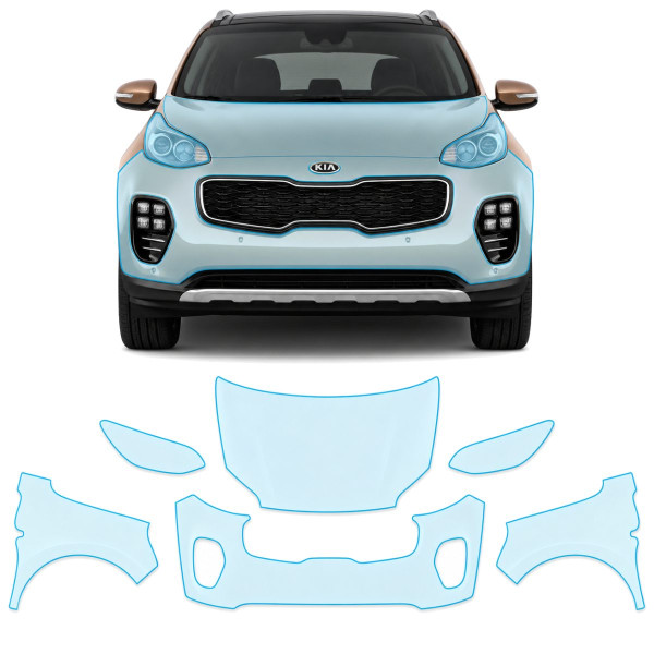 Антигравийная защитная бронепленка по лекалам для Kia Sportage QL 2016-2017 - передняя часть авто (капот бампер фары крылья)