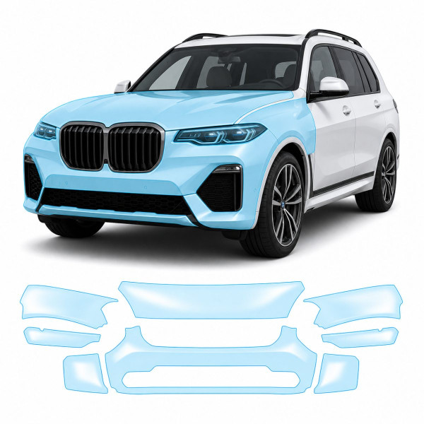 Антигравийная защитная бронепленка по лекалам для BMW X7 G07 2019-2022 - передняя часть авто (капот бампер фары крылья)