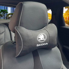 Подушка на підголовник з логотипом Skoda Екошкіра 3D Кольоровий лого Чорні-Сірий кант 1 шт