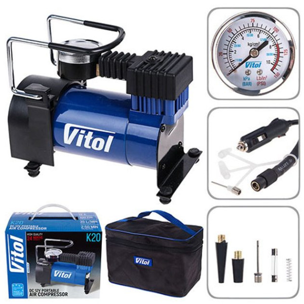 Компрессор автомобильный Vitol 100psi 12Amp 35л R13-15 прикуриватель (K-20)