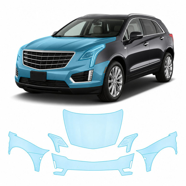 Антигравийная защитная бронепленка по лекалам для Cadillac XT5 I 2016-2019 - передняя часть авто (капот бампер фары крылья)