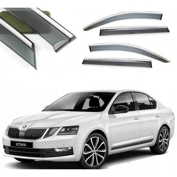 Дефлектори вікон вітровики Benke для Skoda Octavia A-7 Ліфтбек 2013-2019 Хром Молдинг Із Нержавіючої Сталі 3D