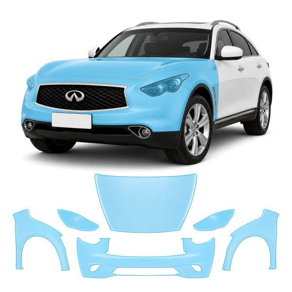 Антигравийная защитная бронепленка по лекалам для Infiniti FX35/FX37/QX70 S51 facelift 2012-2017 - передняя часть авто (капот бампер фары крылья)