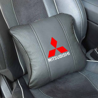 Подушка на підголівник з логотипом Mitsubishi Екошкіра 3D Кольоровий лого Бежева-Чорний кант 1 шт