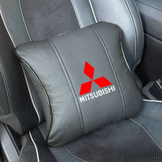 Подушка на підголівник з логотипом Mitsubishi Екошкіра 3D Кольоровий лого Бежева-Чорний кант 1 шт