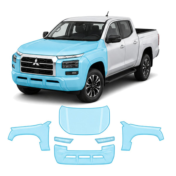 Антигравийная защитная бронепленка по лекалам для Mitsubishi L200/Triton VI 2024- передняя часть авто (капот бампер фары крылья)