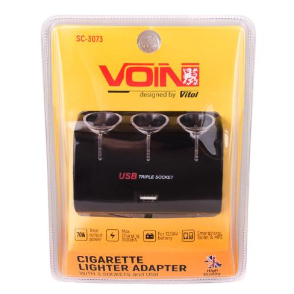 Автомобільний розгалужувач прикурювача VOIN 3 виходу 1USB 1000mA 12/24V (SC-3073)