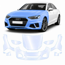 Антигравийная защитная бронепленка по лекалам для Audi A4 B9 facelift 2020-2025 - передняя часть авто (капот бампер фары крылья)