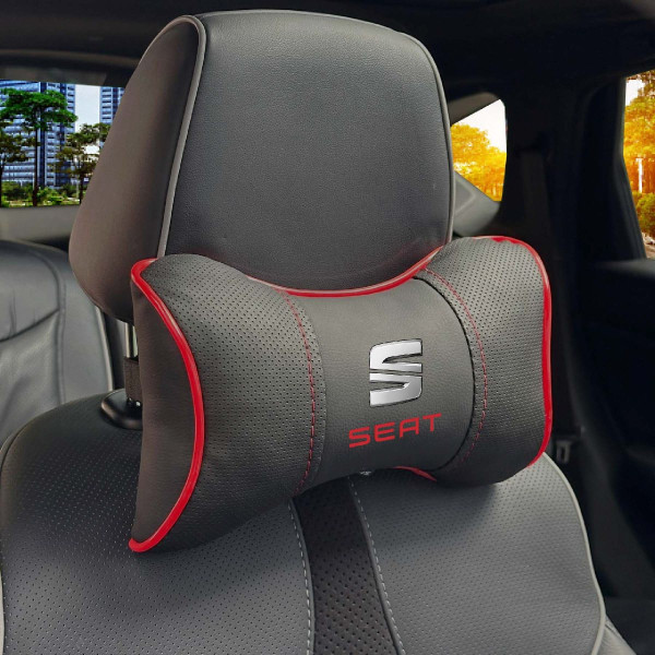 Подушка на подголовник с логотипом Seat Экокожа 3D Цветной лого Черная-Красный кант 1 шт