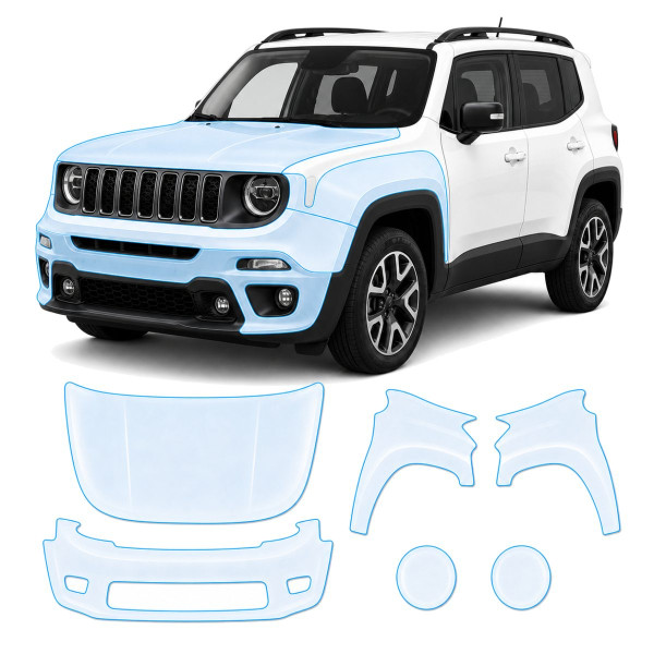 Антигравийная защитная бронепленка по лекалам для Jeep Renegade BU facelift 2019- передняя часть авто (капот бампер фары крылья)