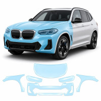 Антигравийная защитная бронепленка по лекалам для BMW iX3 G08 2020-2025 - передняя часть авто (капот бампер фары крылья)