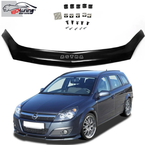 Дефлектор капота мухобойка для Opel Astra H 2004-2015 Евро Крепление (Vip Tuning) OP04