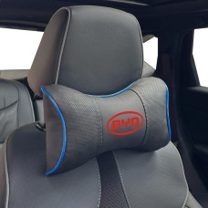 Подушка на підголівник з логотипом BYD Екошкіра 3D Кольоровий лого Чорна-Синій кант 1 шт