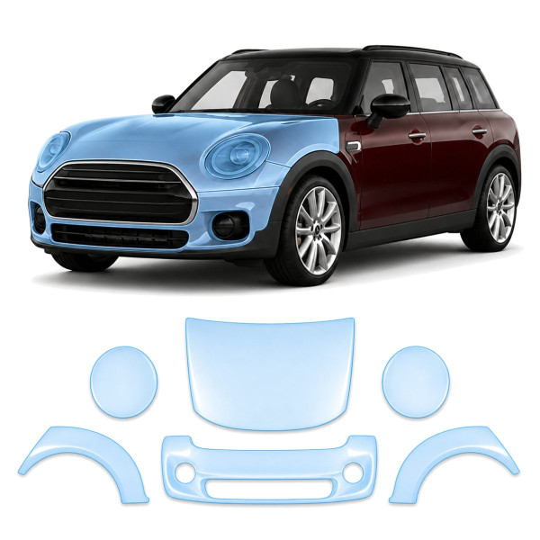 Антигравийная защитная бронепленка по лекалам для Mini Clubman F54 facelift 2019-2024 - передняя часть авто (капот бампер фары крылья)