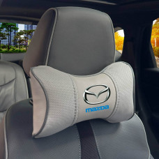 Подушка на підголівник з логотипом Mazda Екошкіра 3D Кольоровий лого Сірі-Сірий кант 1 шт