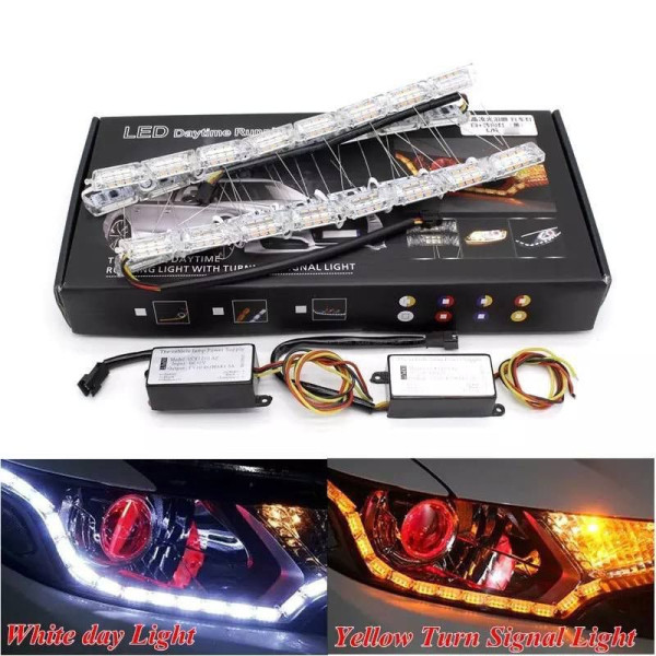 Дневные ходовые огни ДХО гибкие 12v / 60 см / с бегущим поворотом / 16 Кристалов / Белые 2 шт