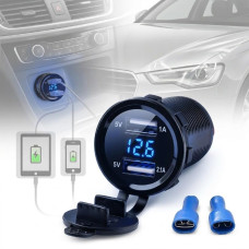 Гніздо Прикурювача під 2 USB 12-24V 5V 2,1-1A Вольтметр Синій індикатор з різьбленням А16R