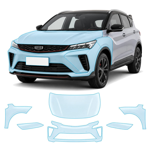 Антигравийная защитная бронепленка по лекалам для Geely Coolray I facelift 2022- передняя часть авто (капот бампер фары крылья)