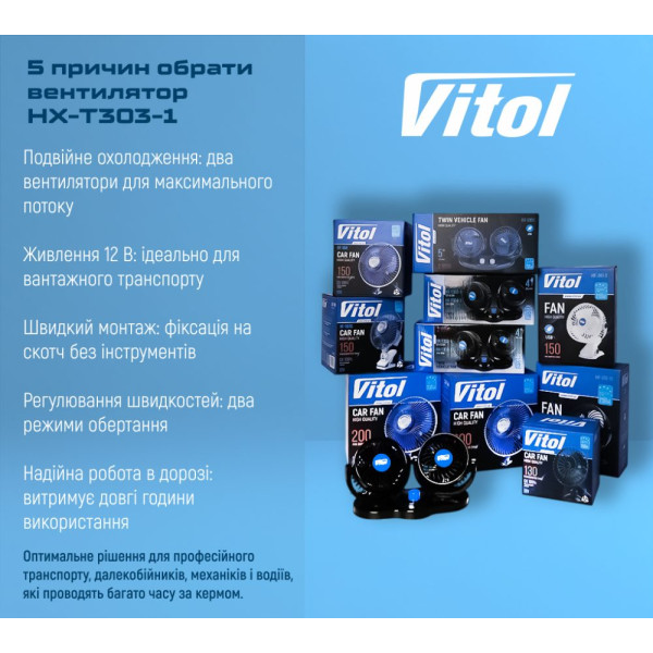 Автомобільний вентилятор Vitol 4" 12V 6.5W на підставці подвійний дві швидкості два регулювання (HX-T303-1)