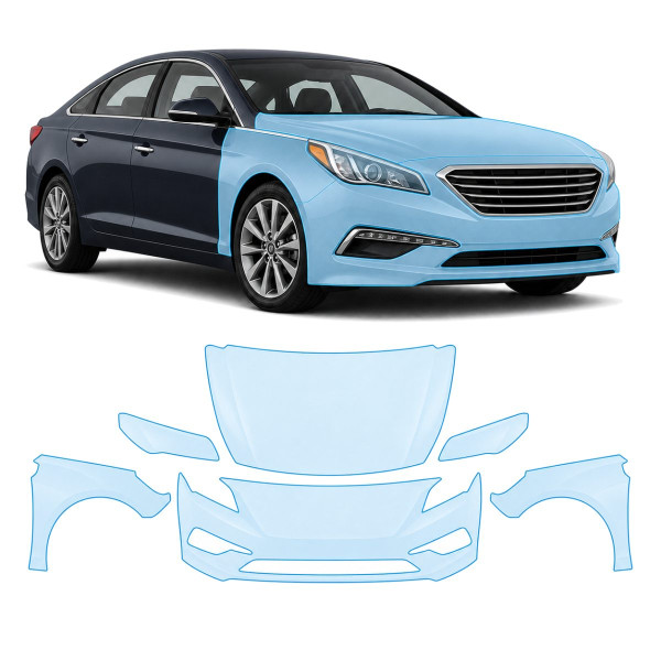 Антигравийная защитная бронепленка по лекалам для Hyundai Sonata LF 2014-2017 - передняя часть авто (капот бампер фары крылья)