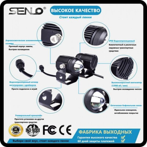 Протитуманні LED Фари D35 мм / Лінзовані / 12-36V / Радіатор + кулер / 6000K / 3000 Lm / 2 шт