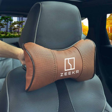 Подушка на підголівник з логотипом Zeekr Екошкіра 3D Кольоровий лого Коричневий-Коричневий кант 1 шт