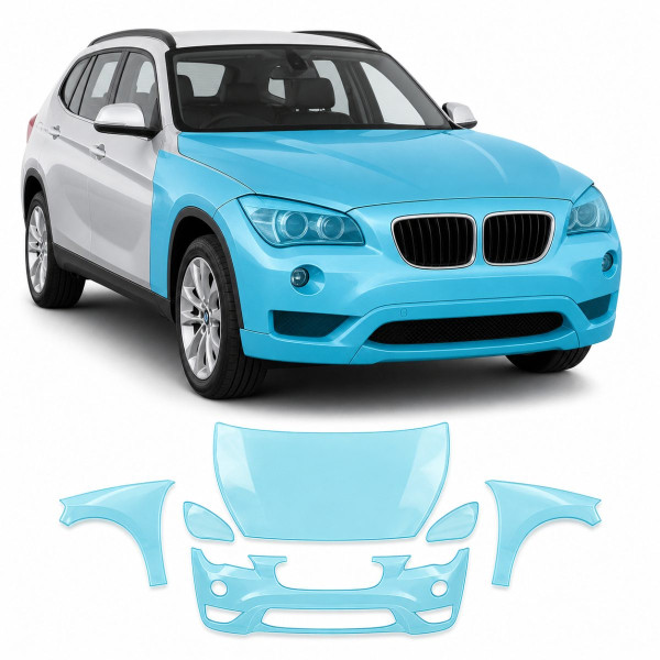 Антигравийная защитная бронепленка по лекалам для BMW X1 E84 2009-2015 - передняя часть авто (капот бампер фары крылья)