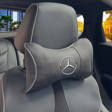 Подушка на підголівник з логотипом Mercedes-Benz Екошкіра 3D Кольоровий лого Чорні-Сірий кант 1 шт