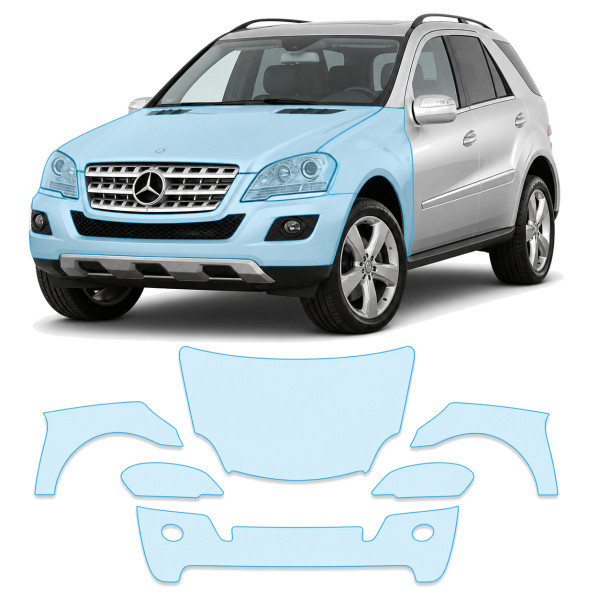 Антигравийная защитная бронепленка по лекалам для Mercedes-Benz M-Class W164 facelift 2008-2011 - передняя часть авто (капот бампер фары крылья)