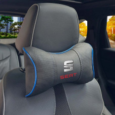 Подушка на подголовник с логотипом Seat Экокожа 3D Цветной лого Черная-Синий кант 1 шт