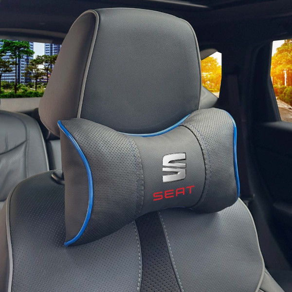 Подушка на підголівник з логотипом Seat Екошкіра 3D Кольоровий лого Чорна-Синій кант 1 шт