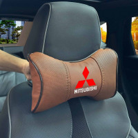 Подушка на підголівник з логотипом Mitsubishi Екошкіра 3D Кольоровий лого Коричневий-Коричневий кант 1 шт