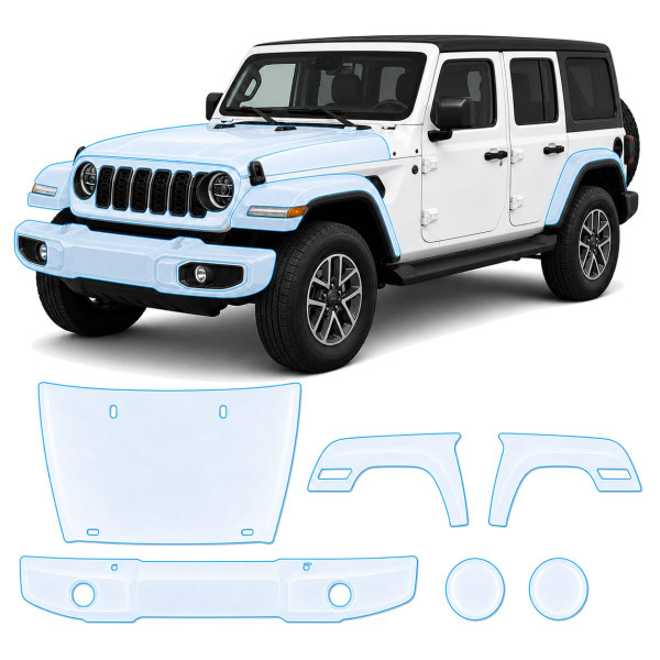 Антигравийная защитная бронепленка по лекалам для Jeep Wrangler JL facelift 2024- передняя часть авто (капот бампер фары крылья)