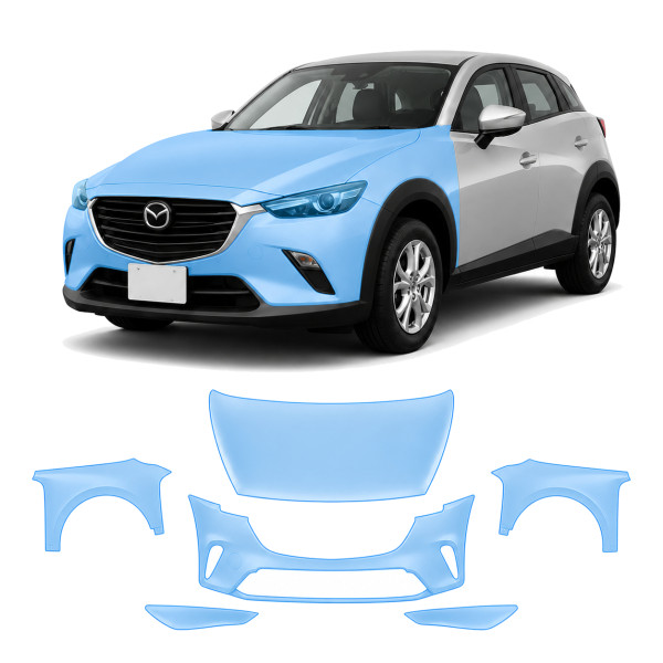 Антигравийная защитная бронепленка по лекалам для Mazda CX-3 DK 2015-2021 - передняя часть авто (капот бампер фары крылья)