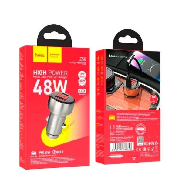 Автомобільний зарядний пристрій Hoco Z50 PD 30W QC3.0 (1 Type-C 1USB 3A 48W)
