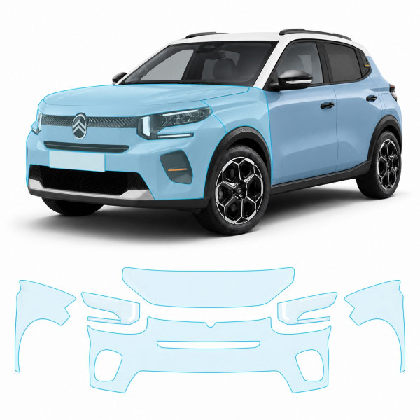 Антигравийная защитная бронепленка по лекалам для Citroen C3 III 2024- передняя часть авто (капот бампер фары крылья)