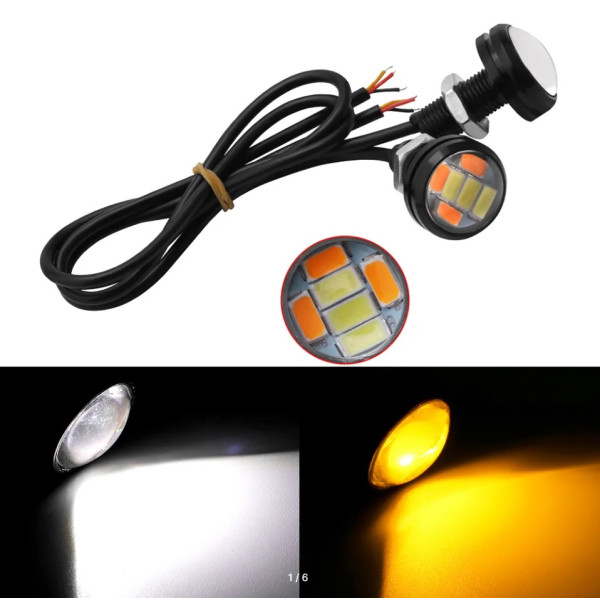 LED Денні ходові вогні ДХО очі врізні D23 мм 3W 12V Білі з Жовтим поворотами 2 шт