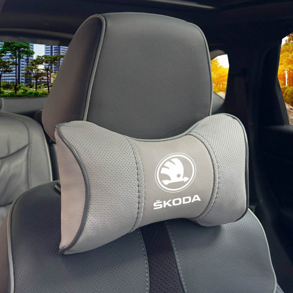 Подушка на підголовник з логотипом Skoda Екошкіра 3D Кольоровий лого Сірі-Сірий кант 1 шт