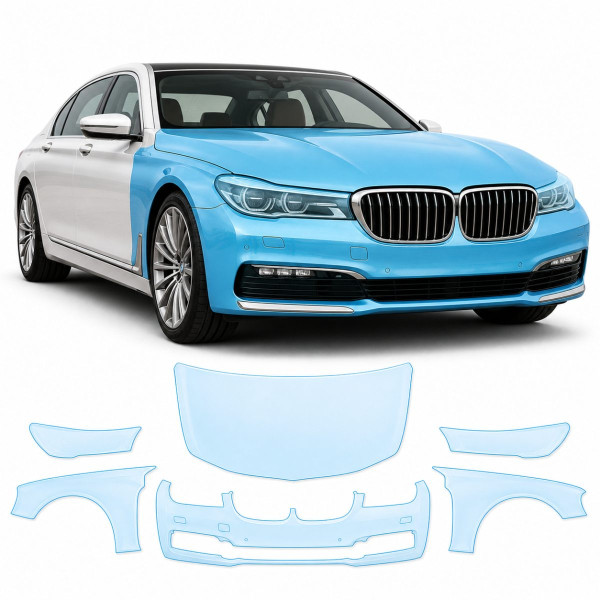 Антигравийная защитная бронепленка по лекалам для BMW 7 Series G11/G12 2015-2019 - передняя часть авто (капот бампер фары крылья)