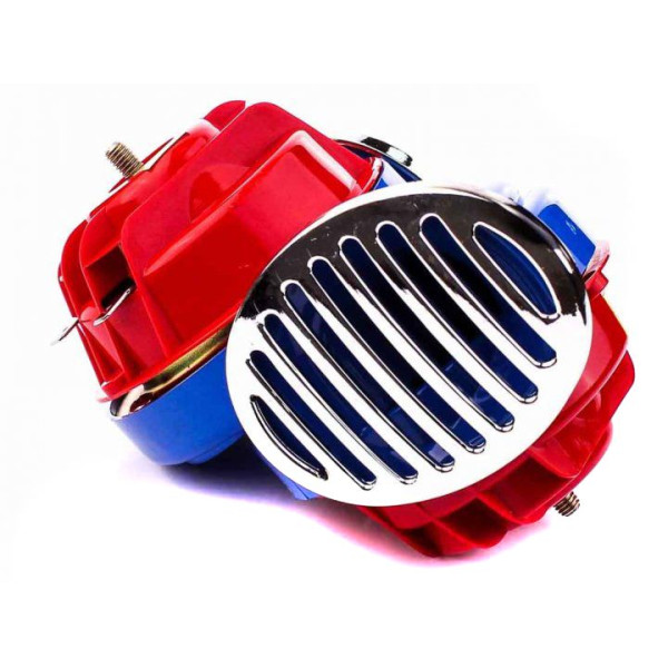 Сигнал автомобильный Elegant 12V улитка / двухконтактный / Красно-синий с хром крышкой (100730)