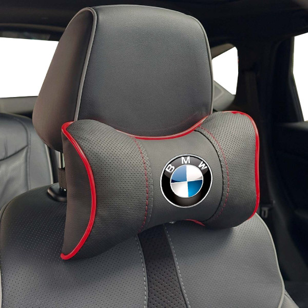 Подушка на підголівник з логотипом BMW Екошкіра 3D Кольоровий лого Чорна-Червоний кант 1 шт