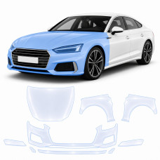 Антигравийная защитная бронепленка по лекалам для Audi A5 F5 facelift 2020-2024 - передняя часть авто (капот бампер фары крылья)
